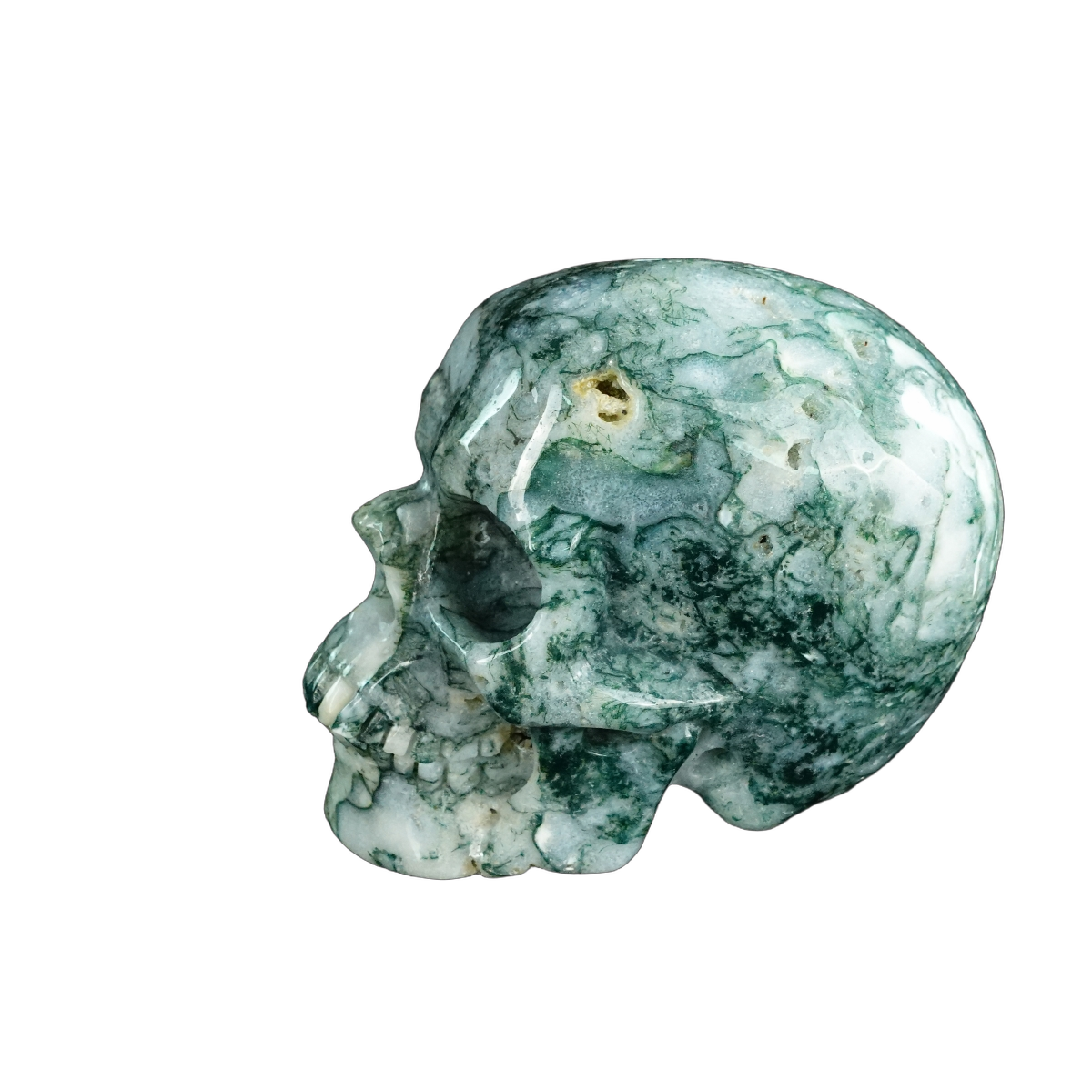 4.5" Moss Agate Crystal Skull Carving - Unique Piece #MA01