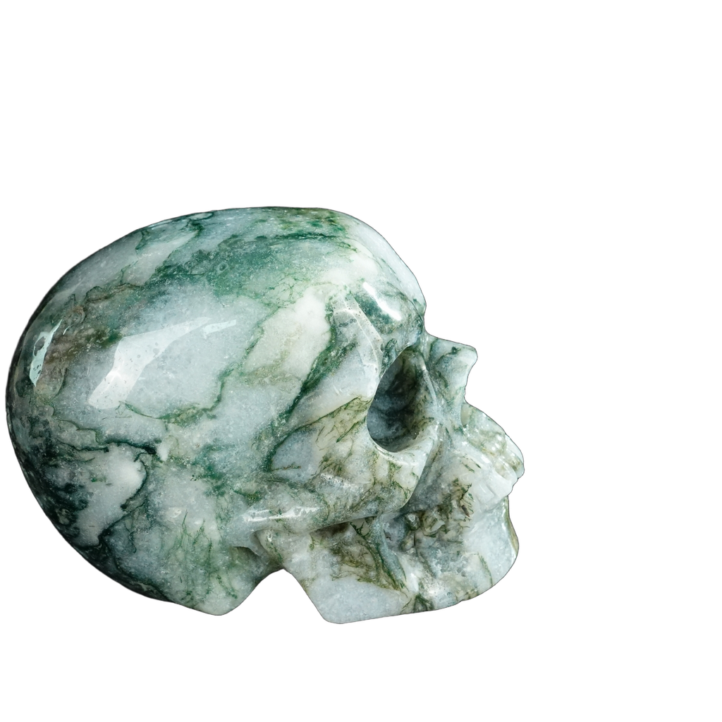 4.5" Moss Agate Crystal Skull Carving - Unique Piece #MA02