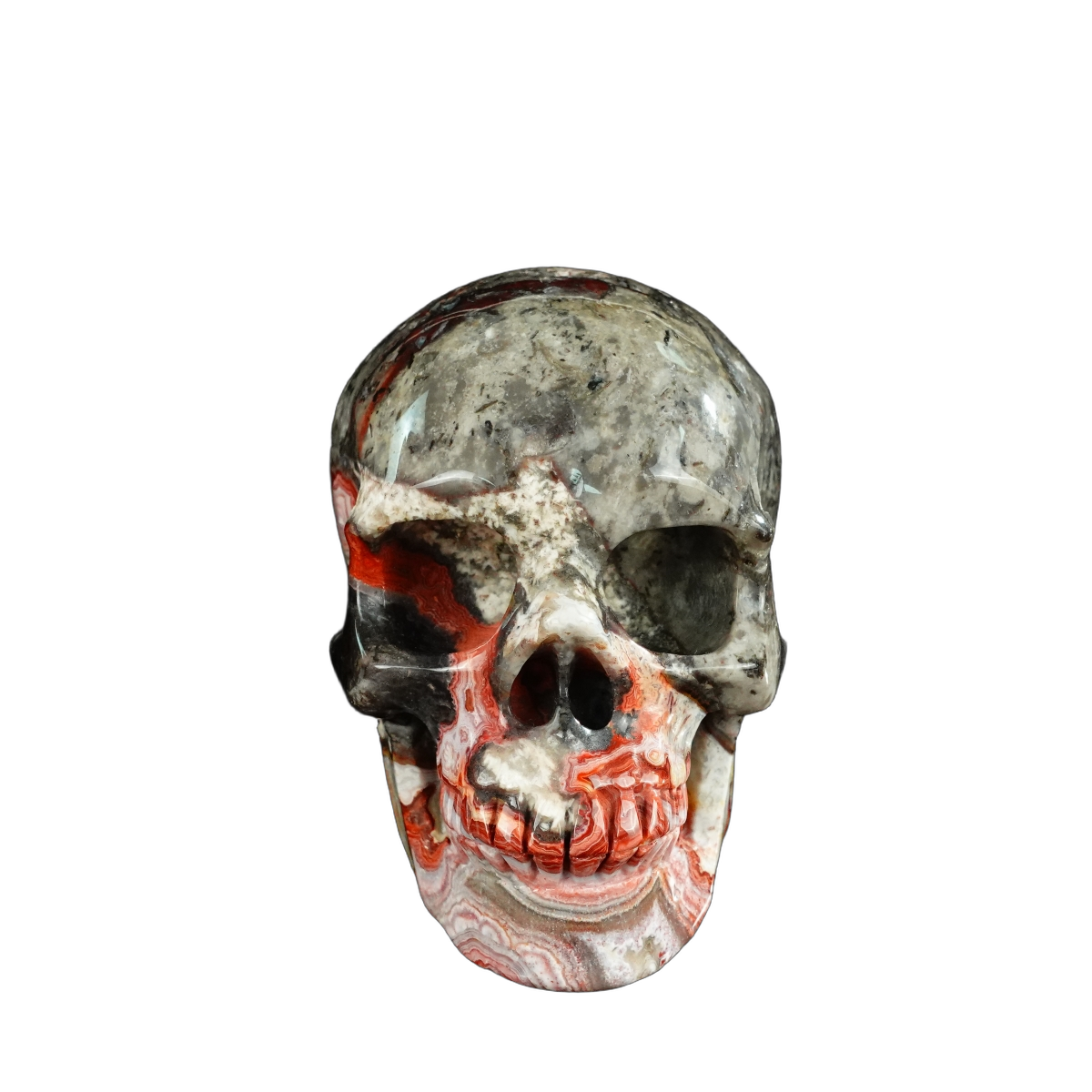 4.5" Red Crazy Lace Agate Crystal Skull Carving - Hand Carved Decor