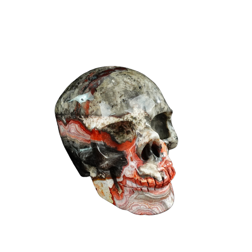 4.5" Red Crazy Lace Agate Crystal Skull Carving - Hand Carved Decor