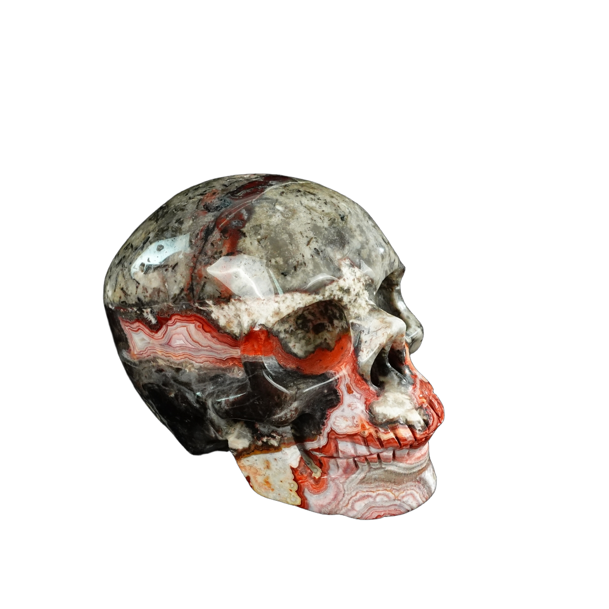 4.5" Red Crazy Lace Agate Crystal Skull Carving - Hand Carved Decor
