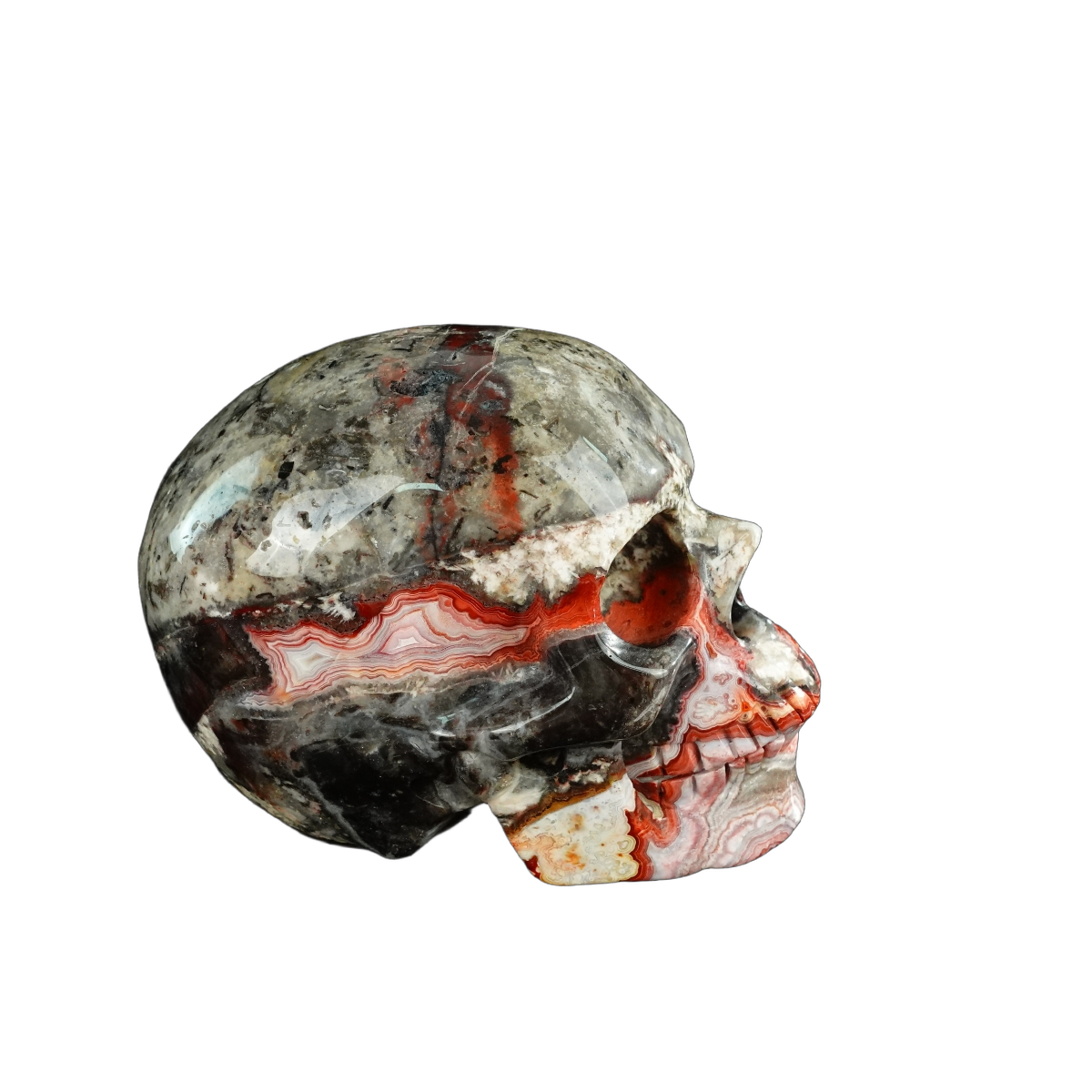 4.5" Red Crazy Lace Agate Crystal Skull Carving - Hand Carved Decor